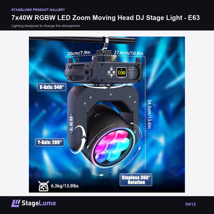 7x40W RGBW LED Zoom Moving Head DJ Stage Light - E63 - StageLumo image 4