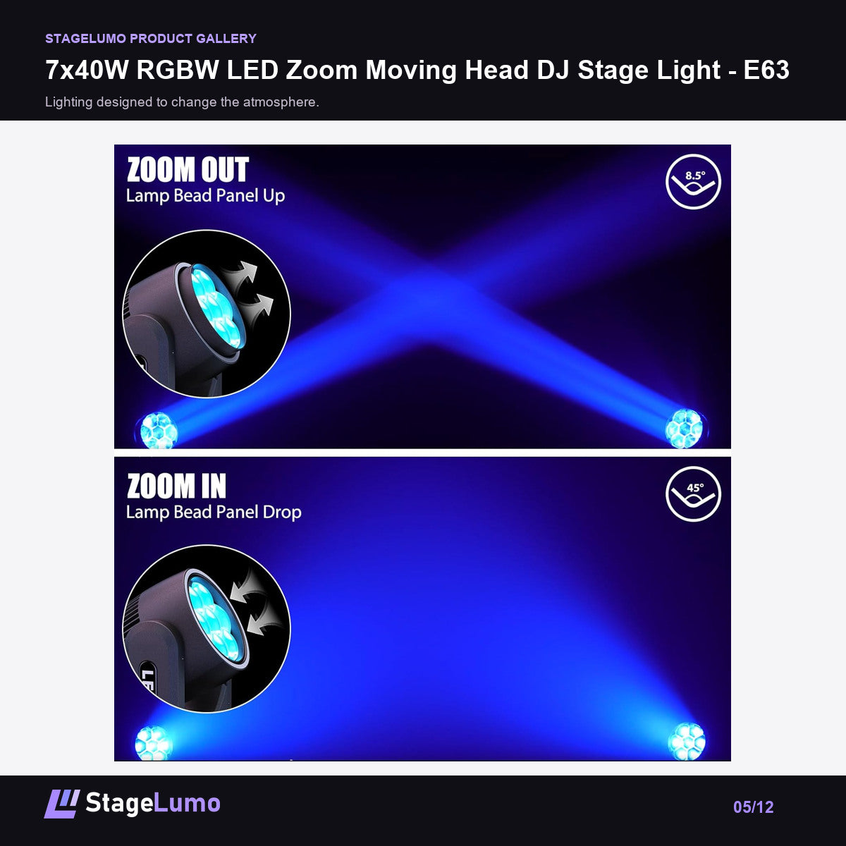 7x40W RGBW LED Zoom Moving Head DJ Stage Light - E63 - StageLumo image 5