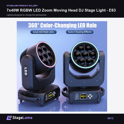 7x40W RGBW LED Zoom Moving Head DJ Stage Light - E63 - StageLumo image 6