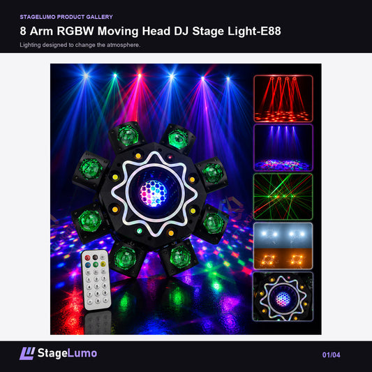 8 Arm RGBW Moving Head DJ Stage Light-E88 - StageLumo image 1