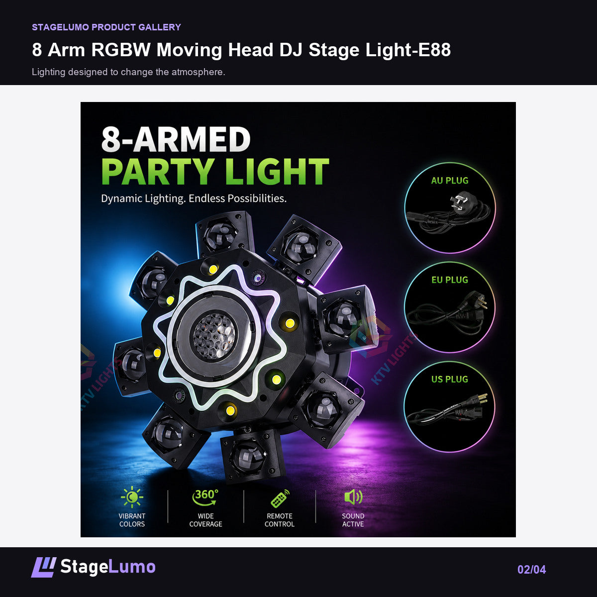 8 Arm RGBW Moving Head DJ Stage Light-E88 - StageLumo image 2