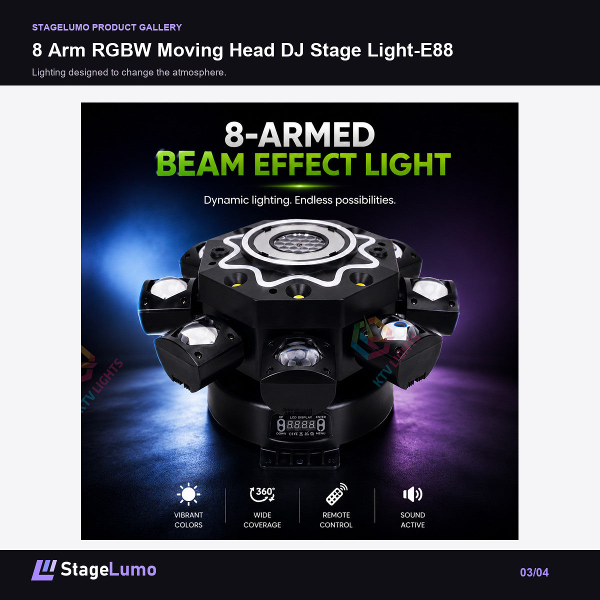 8 Arm RGBW Moving Head DJ Stage Light-E88 - StageLumo image 3