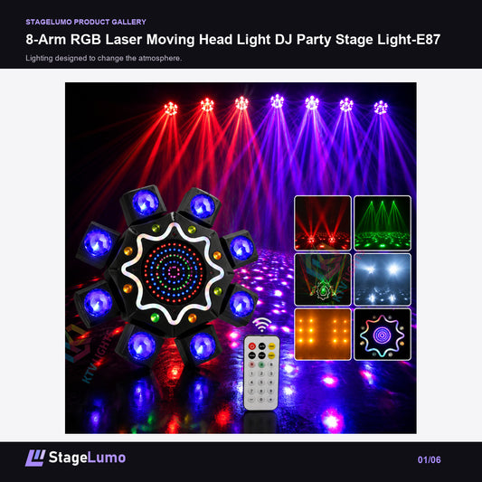 8-Arm RGB Laser Moving Head Light DJ Party Stage Light-E87 - StageLumo image 1
