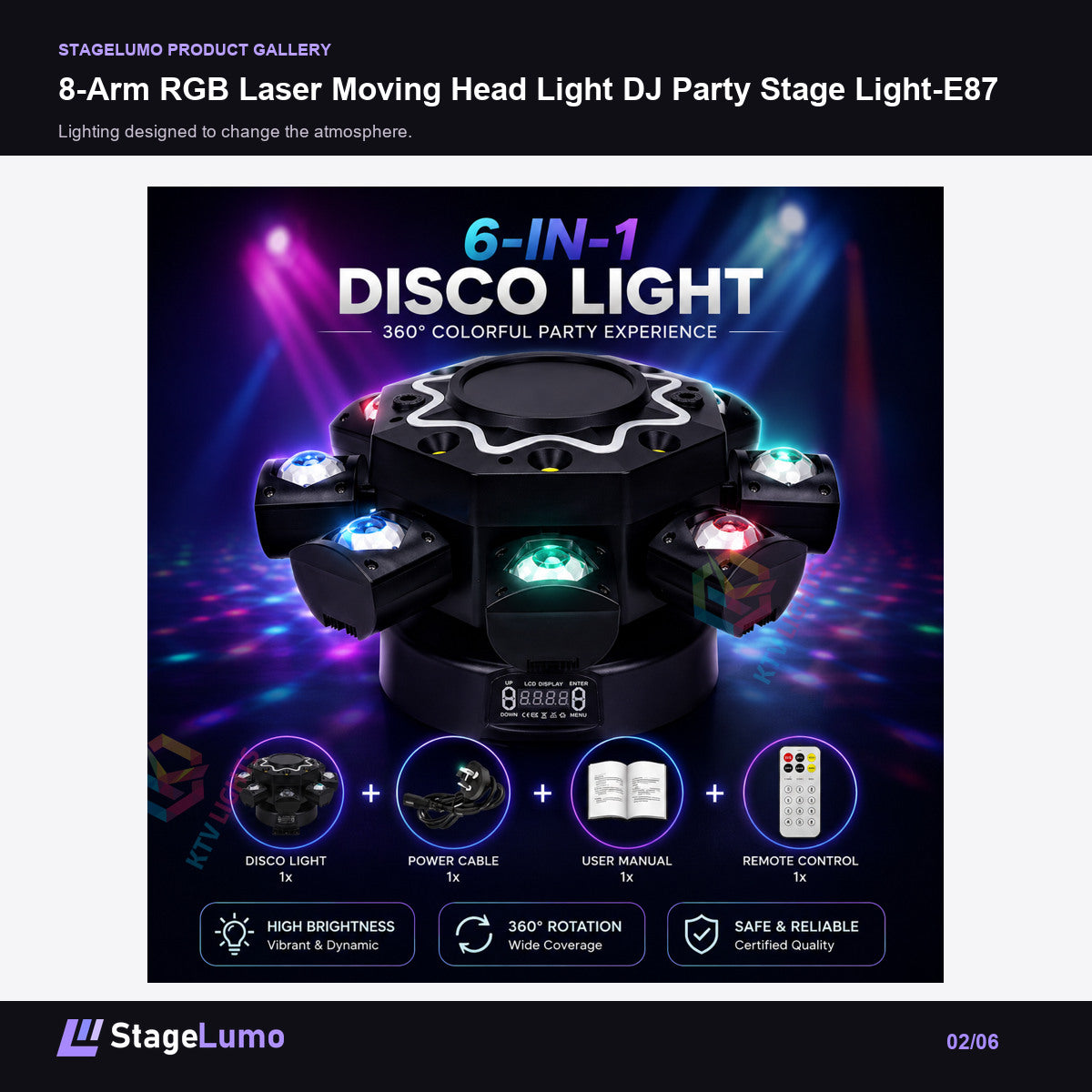 8-Arm RGB Laser Moving Head Light DJ Party Stage Light-E87 - StageLumo image 2