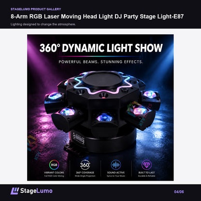 8-Arm RGB Laser Moving Head Light DJ Party Stage Light-E87 - StageLumo image 4