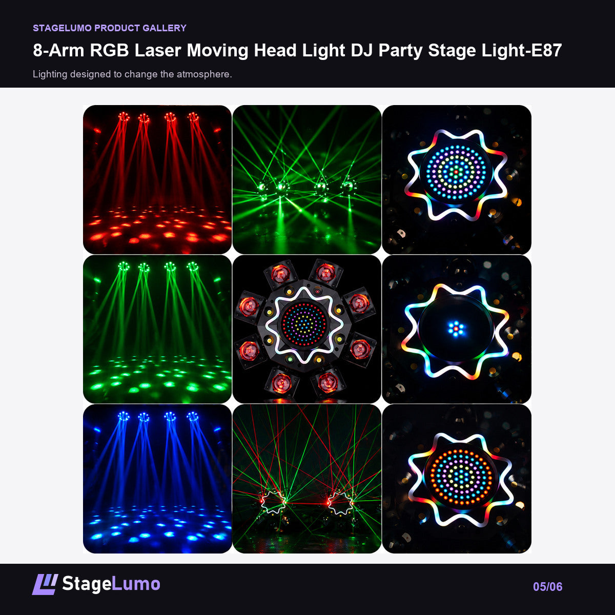 8-Arm RGB Laser Moving Head Light DJ Party Stage Light-E87 - StageLumo image 5