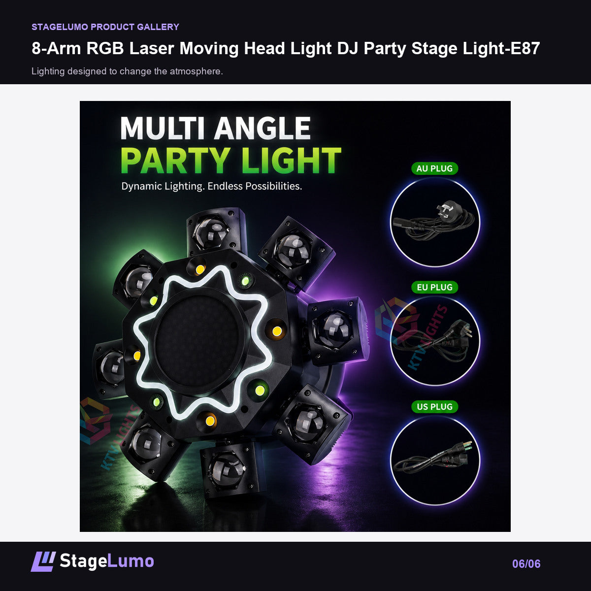 8-Arm RGB Laser Moving Head Light DJ Party Stage Light-E87 - StageLumo image 6