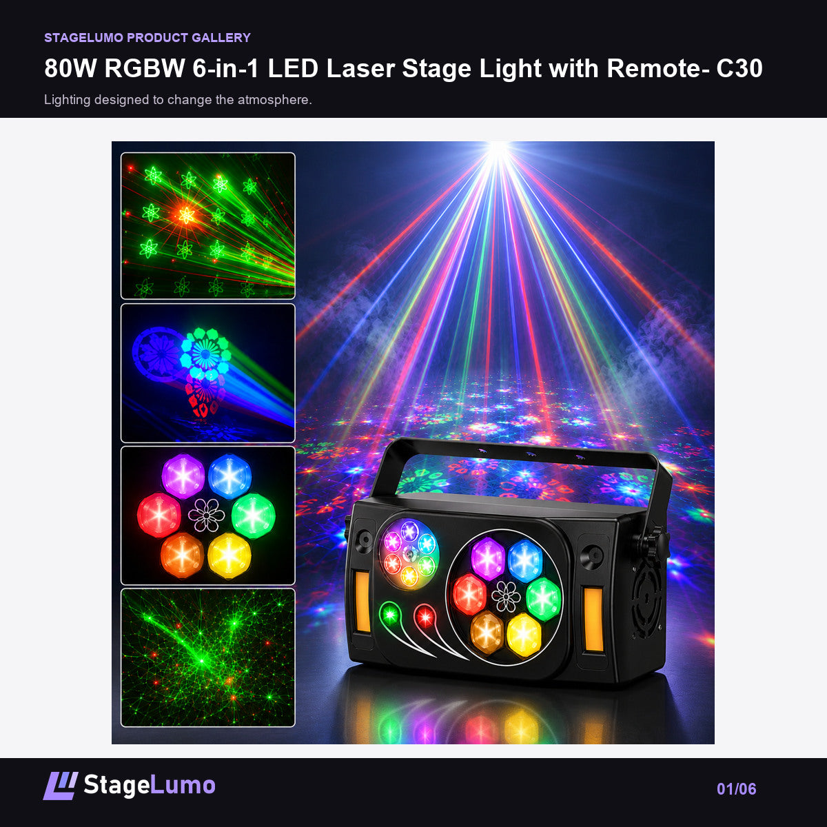 80W RGBW 6-in-1 LED Laser Stage Light with Remote- C30 - StageLumo image 1