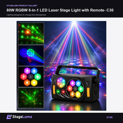 80W RGBW 6-in-1 LED Laser Stage Light with Remote- C30 - StageLumo image 1