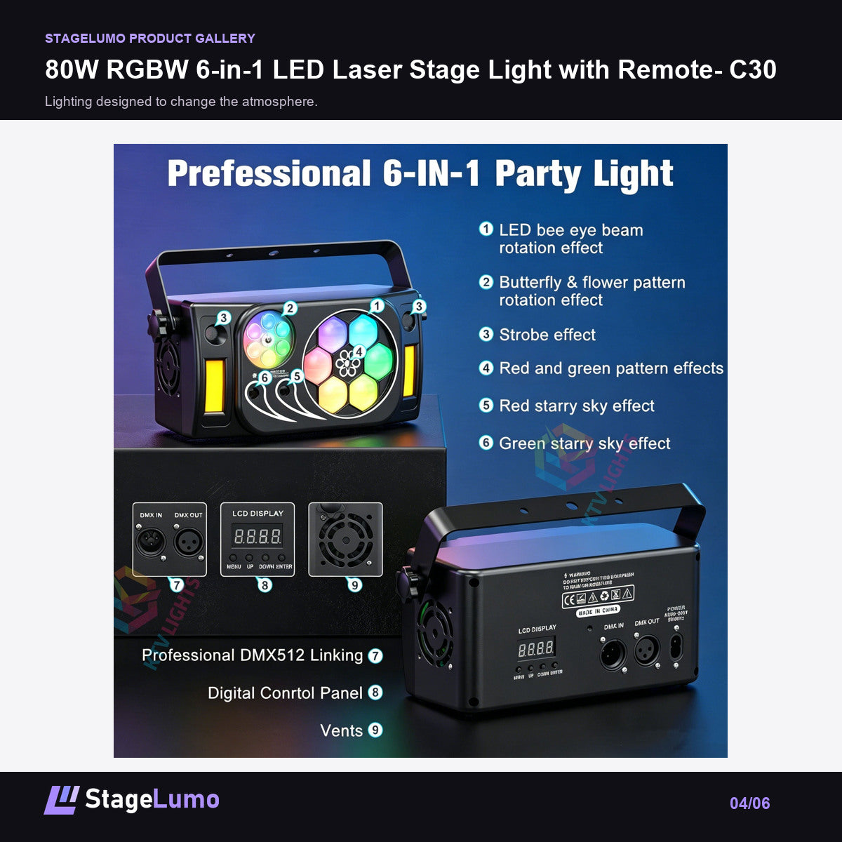 80W RGBW 6-in-1 LED Laser Stage Light with Remote- C30 - StageLumo image 4