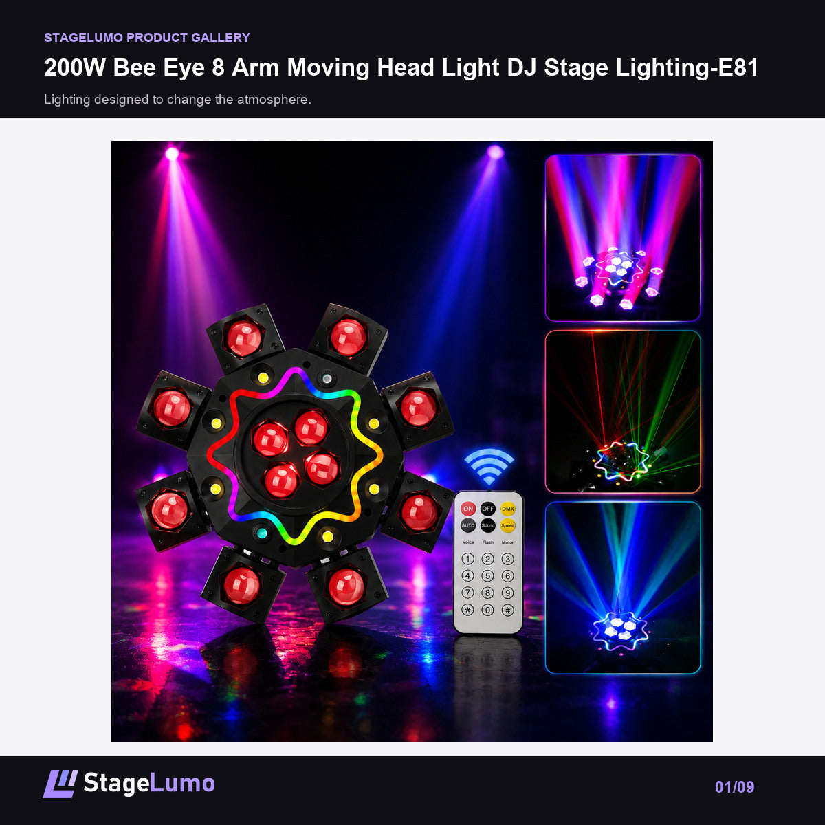 200W Bee Eye 8 Arm Moving Head Light DJ Stage Lighting-E81 - StageLumo image 1