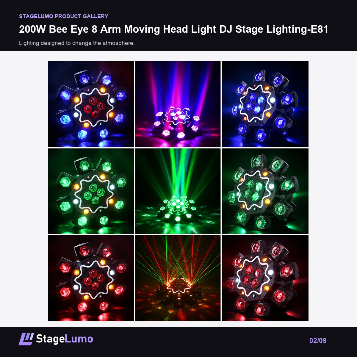200W Bee Eye 8 Arm Moving Head Light DJ Stage Lighting-E81 - StageLumo image 2