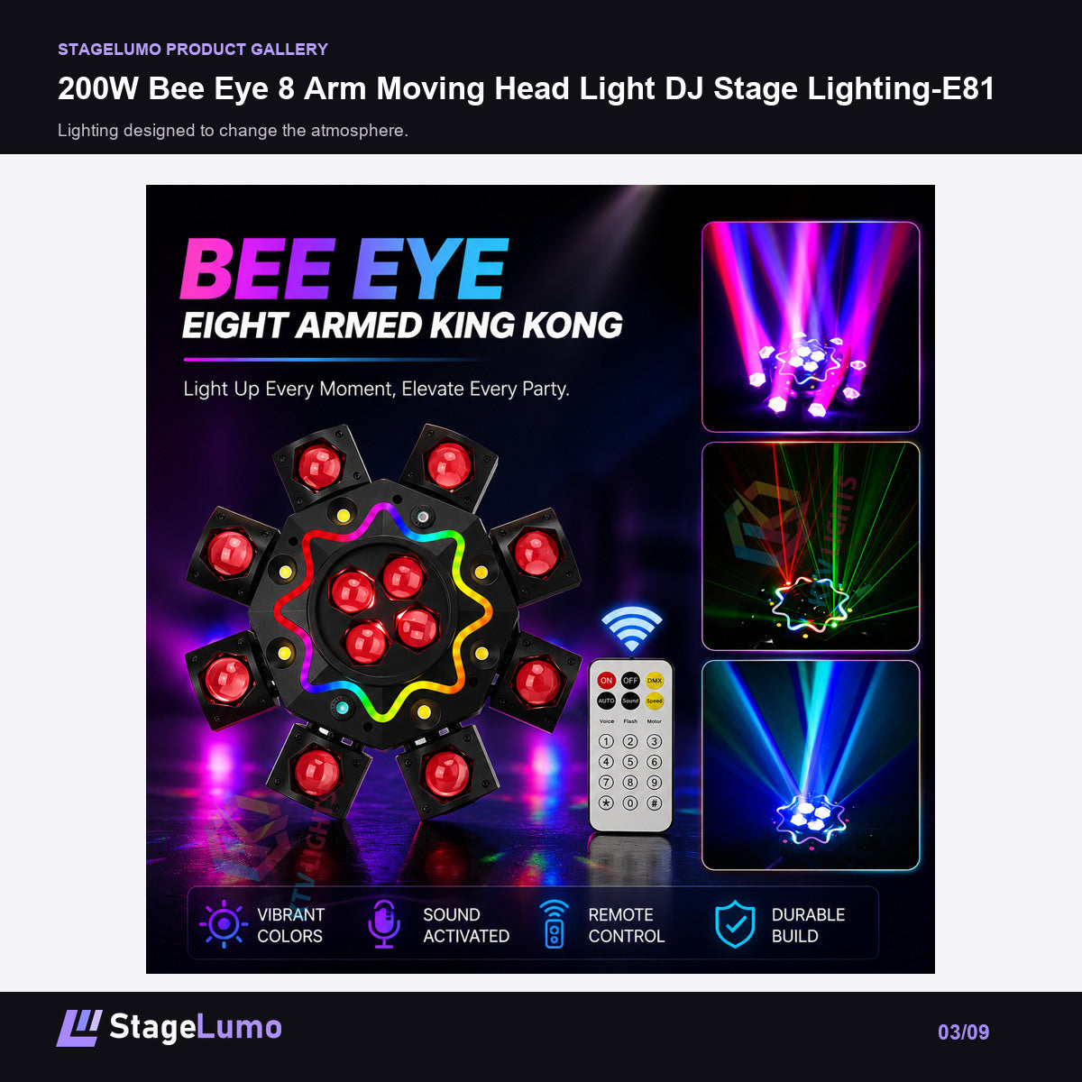 200W Bee Eye 8 Arm Moving Head Light DJ Stage Lighting-E81 - StageLumo image 3