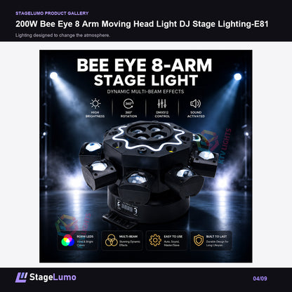 200W Bee Eye 8 Arm Moving Head Light DJ Stage Lighting-E81 - StageLumo image 4