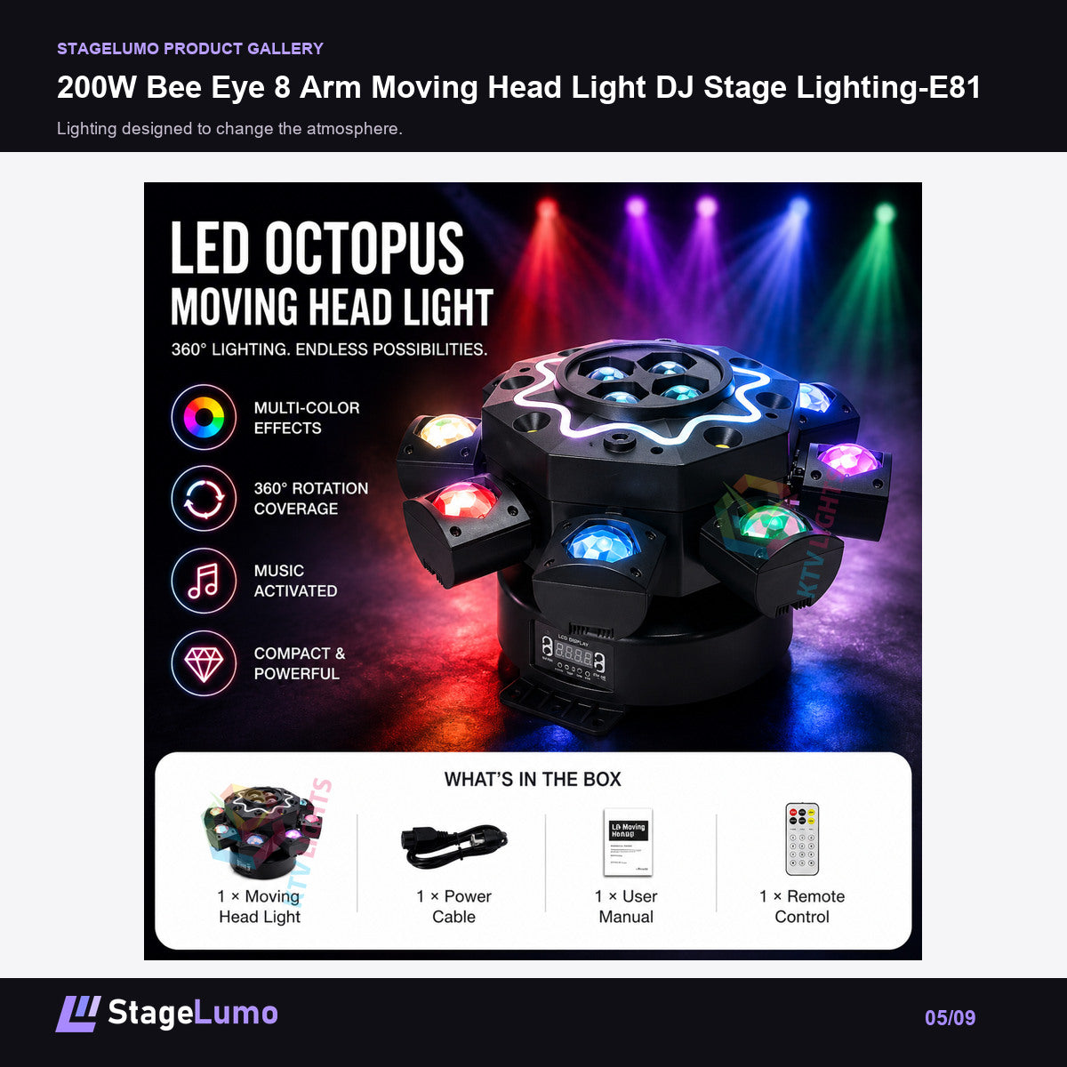 200W Bee Eye 8 Arm Moving Head Light DJ Stage Lighting-E81 - StageLumo image 5