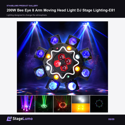 200W Bee Eye 8 Arm Moving Head Light DJ Stage Lighting-E81 - StageLumo image 6