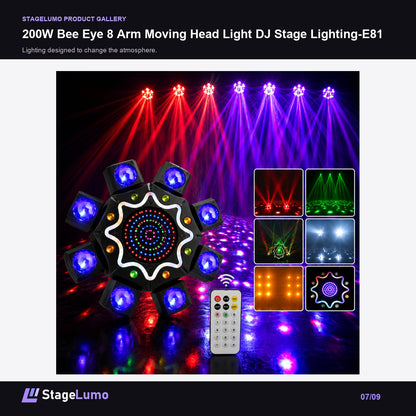 200W Bee Eye 8 Arm Moving Head Light DJ Stage Lighting-E81 - StageLumo image 7