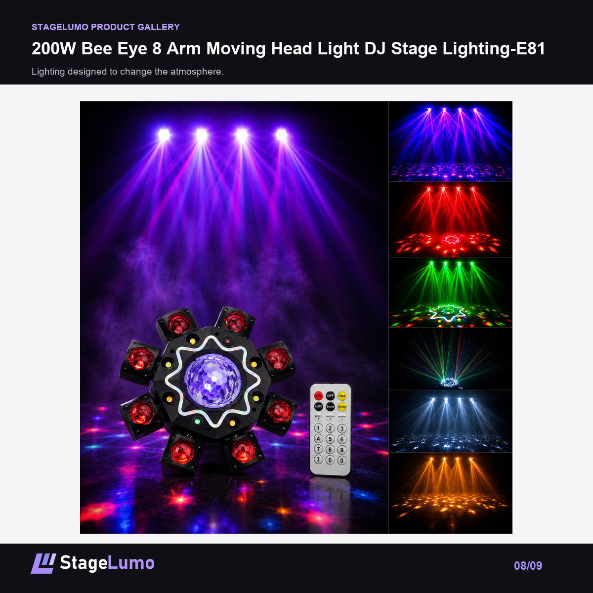 200W Bee Eye 8 Arm Moving Head Light DJ Stage Lighting-E81 - StageLumo image 8