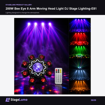 200W Bee Eye 8 Arm Moving Head Light DJ Stage Lighting-E81 - StageLumo image 8