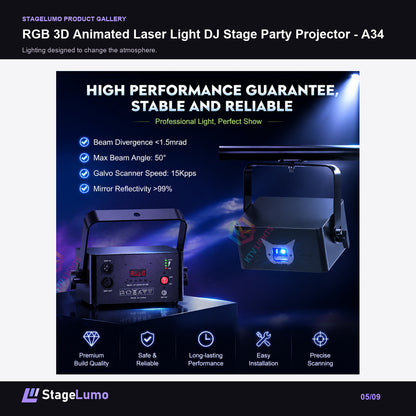 RGB 3D Animated Laser Light DJ Stage Party Projector - A34 - StageLumo image 5