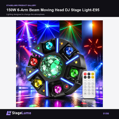 150W 6-Arm Beam Moving Head DJ Stage Light-E95 - StageLumo image 1