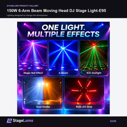 150W 6-Arm Beam Moving Head DJ Stage Light-E95 - StageLumo image 2