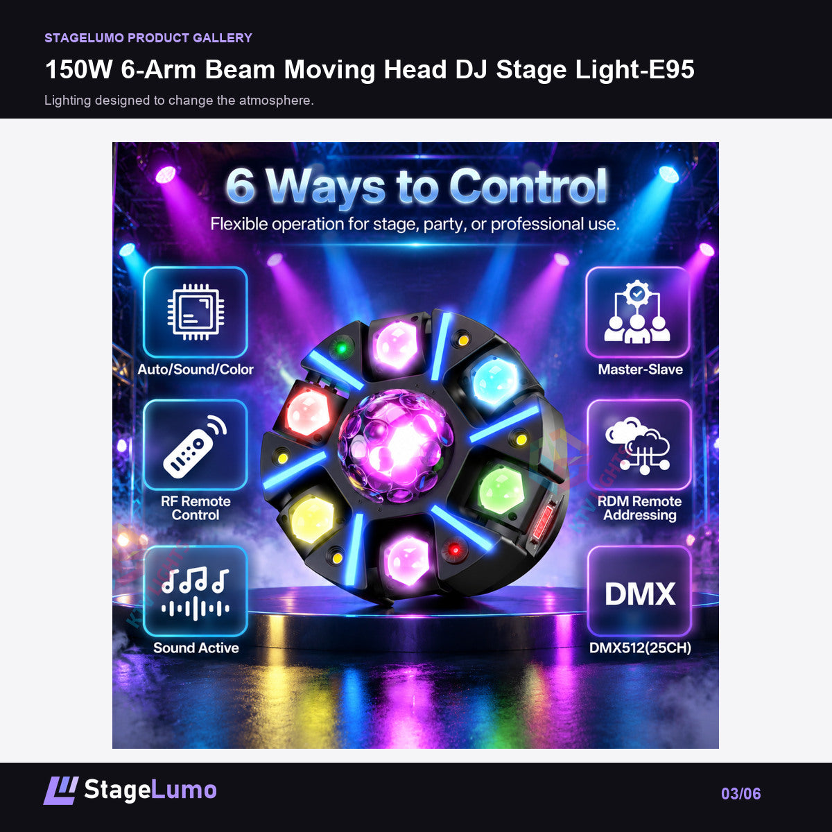 150W 6-Arm Beam Moving Head DJ Stage Light-E95 - StageLumo image 3