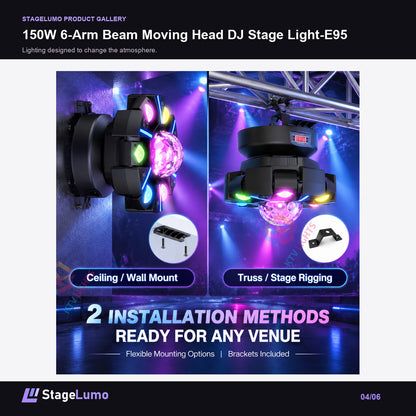 150W 6-Arm Beam Moving Head DJ Stage Light-E95 - StageLumo image 4