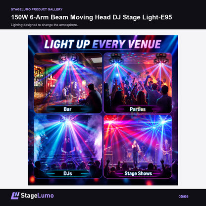 150W 6-Arm Beam Moving Head DJ Stage Light-E95 - StageLumo image 5