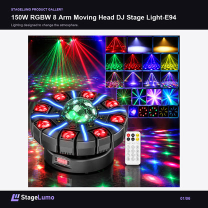 150W RGBW 8 Arm Moving Head DJ Stage Light-E94 - StageLumo image 1