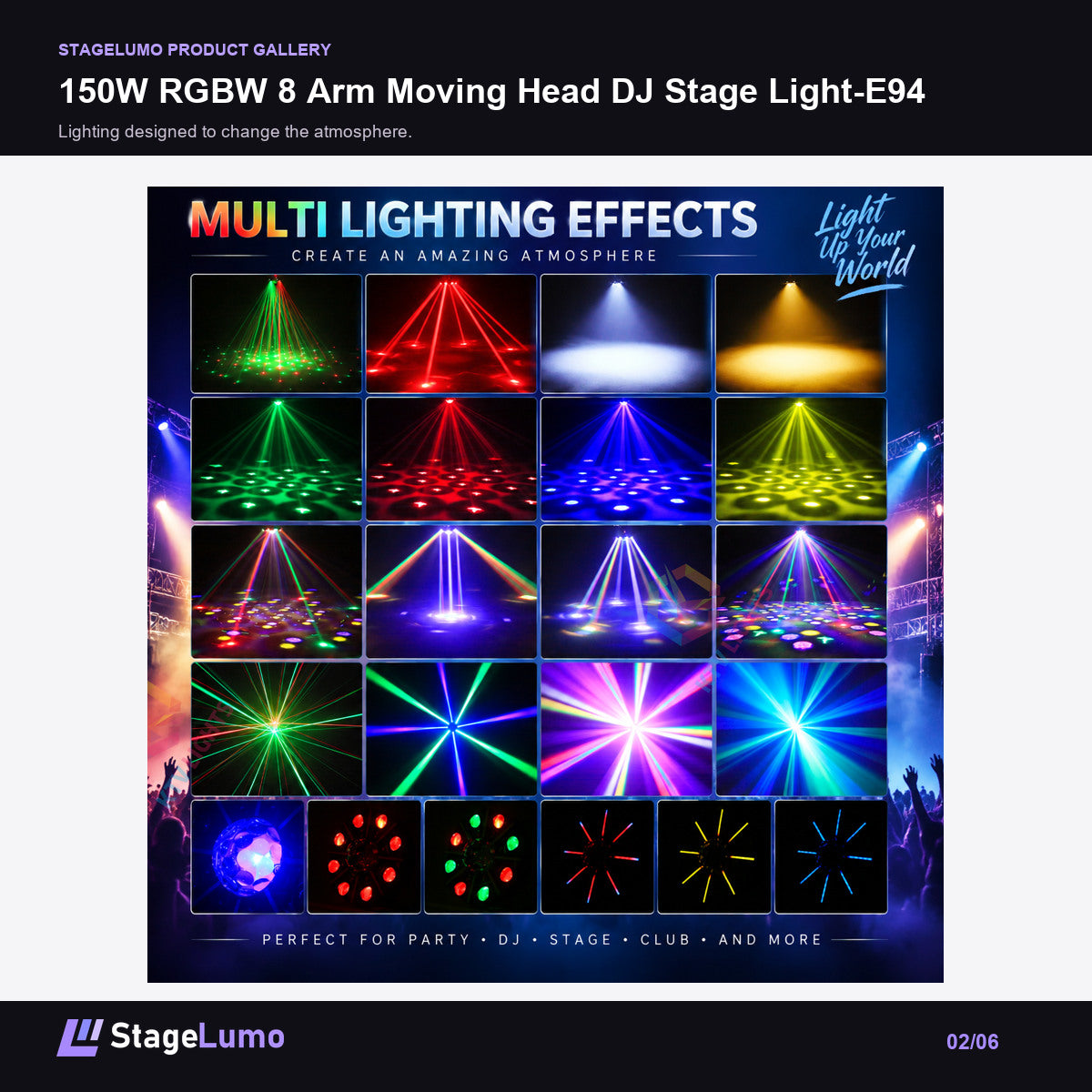 150W RGBW 8 Arm Moving Head DJ Stage Light-E94 - StageLumo image 2