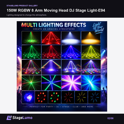 150W RGBW 8 Arm Moving Head DJ Stage Light-E94 - StageLumo image 2