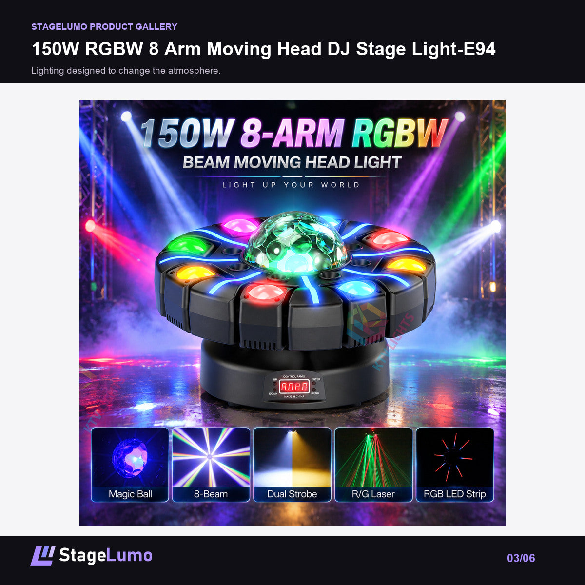 150W RGBW 8 Arm Moving Head DJ Stage Light-E94 - StageLumo image 3