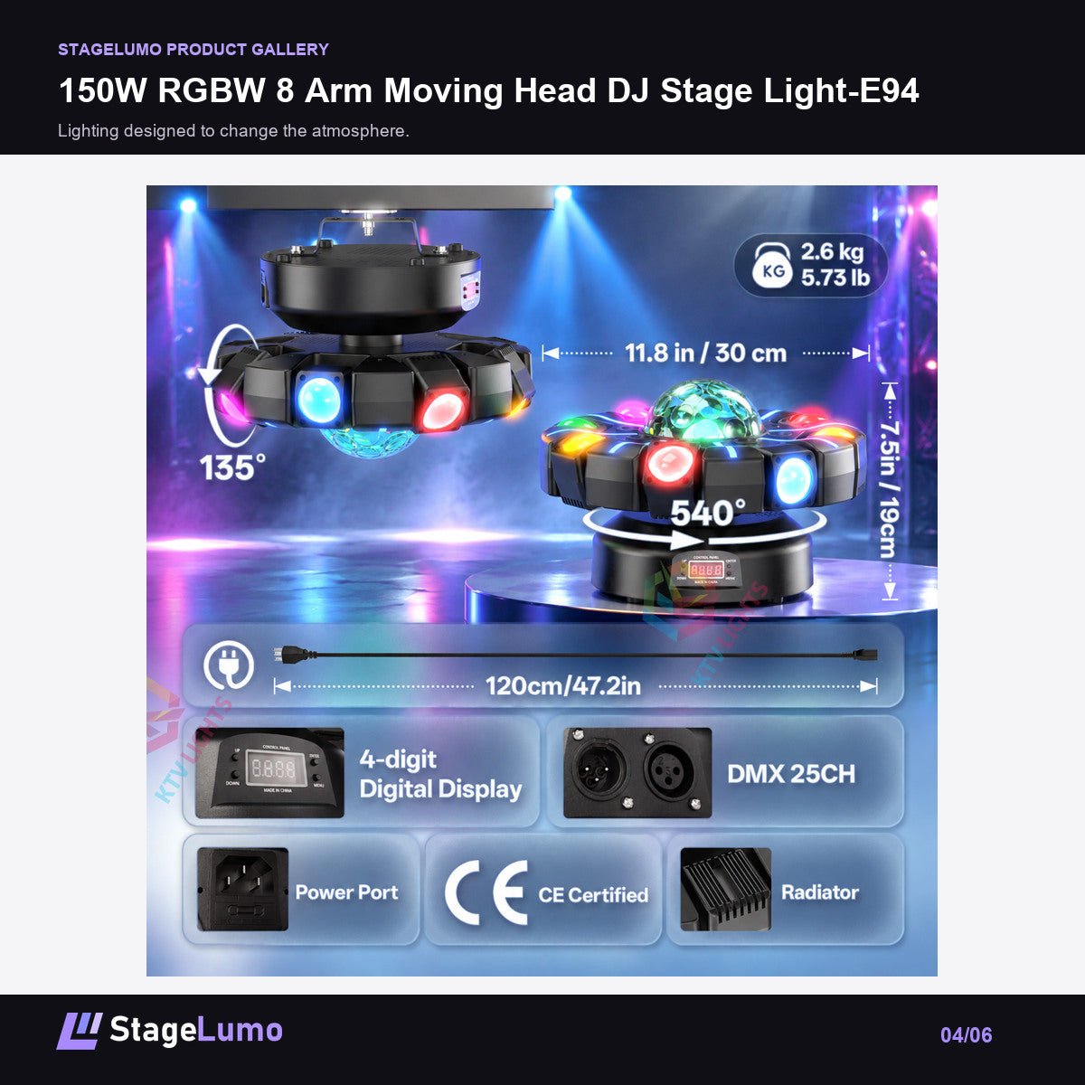 150W RGBW 8 Arm Moving Head DJ Stage Light-E94 - StageLumo image 4