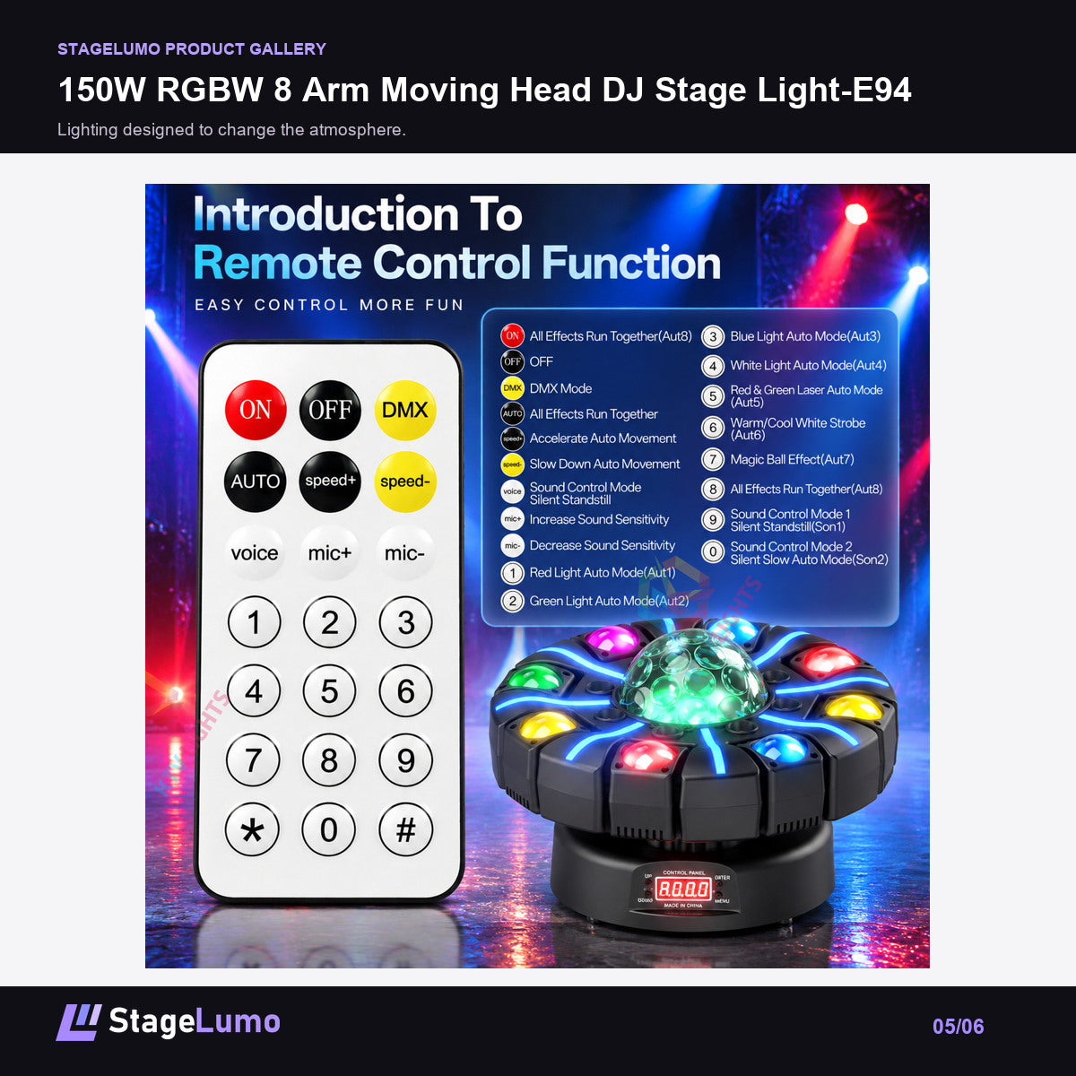 150W RGBW 8 Arm Moving Head DJ Stage Light-E94 - StageLumo image 5