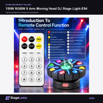 150W RGBW 8 Arm Moving Head DJ Stage Light-E94 - StageLumo image 5