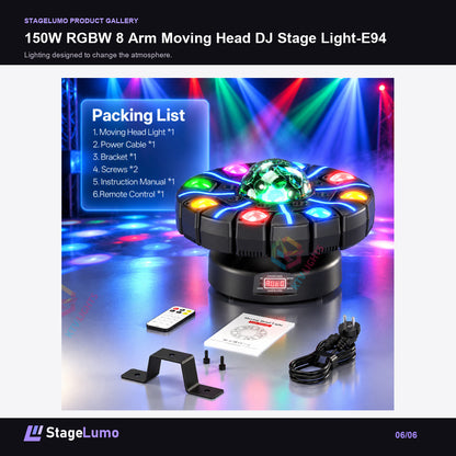 150W RGBW 8 Arm Moving Head DJ Stage Light-E94 - StageLumo image 6
