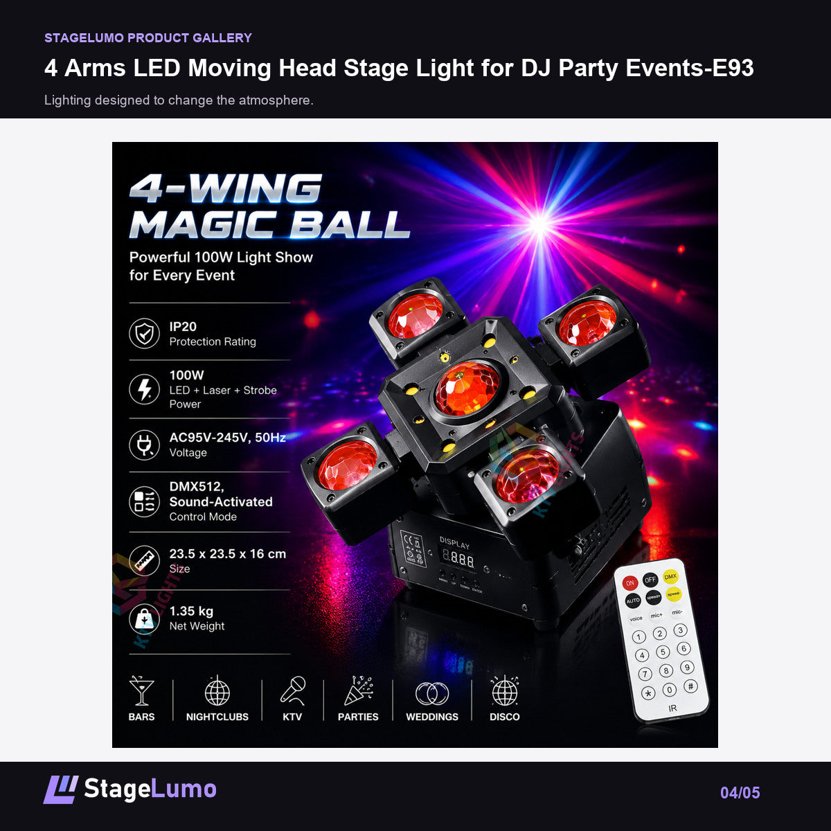 4 Arms LED Moving Head Stage Light for DJ Party Events-E93 - StageLumo image 4