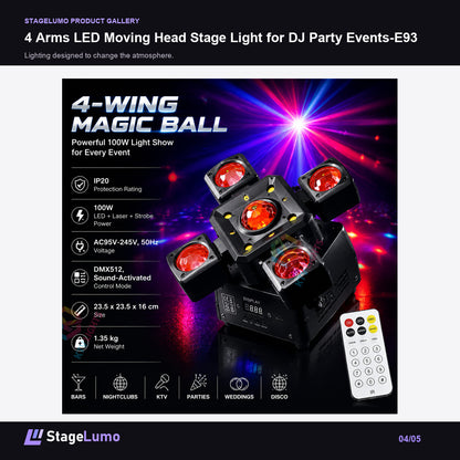 4 Arms LED Moving Head Stage Light for DJ Party Events-E93 - StageLumo image 4