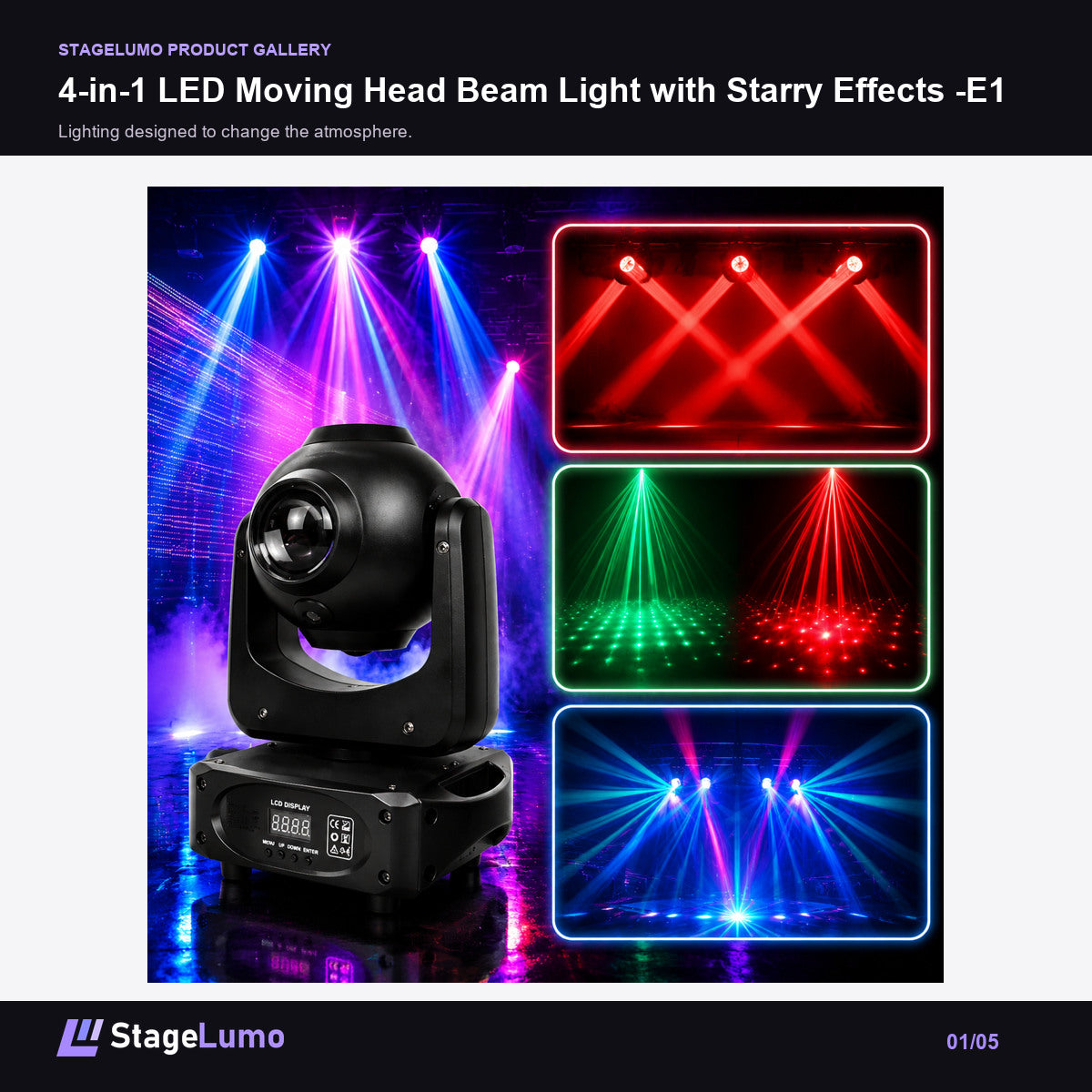 4-in-1 LED Moving Head Beam Light with Starry Effects -E1 - StageLumo image 1