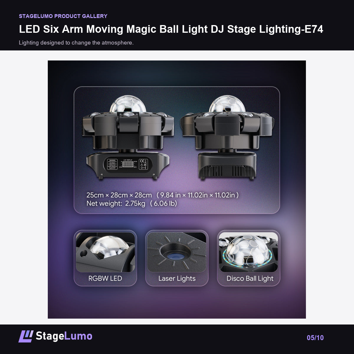 LED Six Arm Moving Magic Ball Light DJ Stage Lighting-E74 - StageLumo image 5