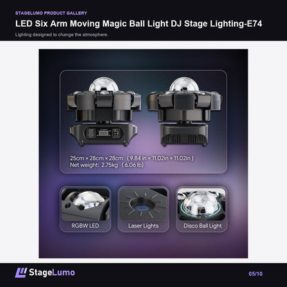 LED Six Arm Moving Magic Ball Light DJ Stage Lighting-E74 - StageLumo image 5