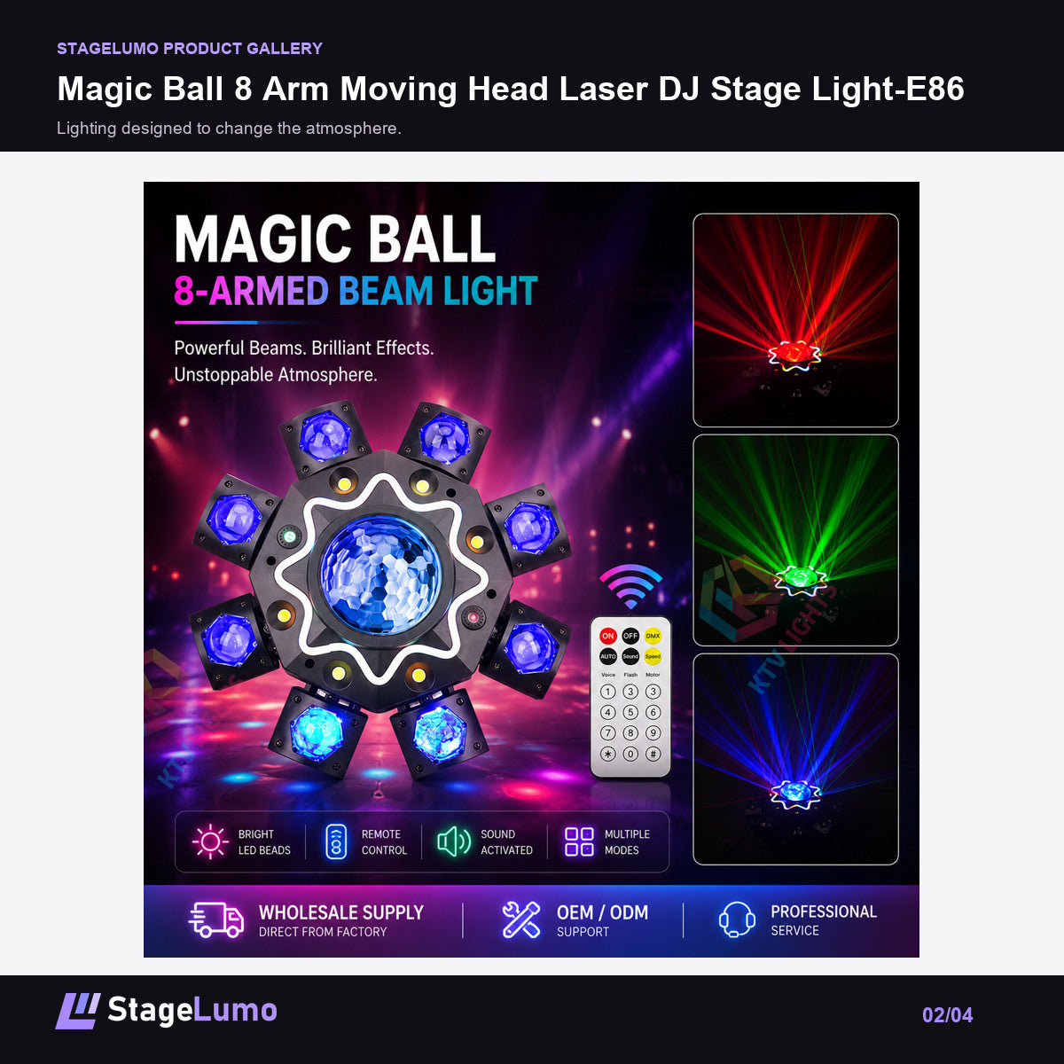 Magic Ball 8 Arm Moving Head Laser DJ Stage Light-E86 - StageLumo image 2