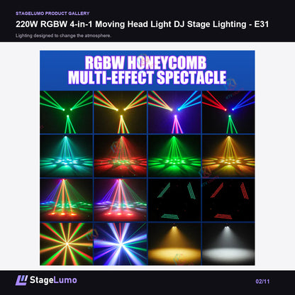 220W RGBW 4-in-1 Moving Head Light DJ Stage Lighting - E31 - StageLumo image 2