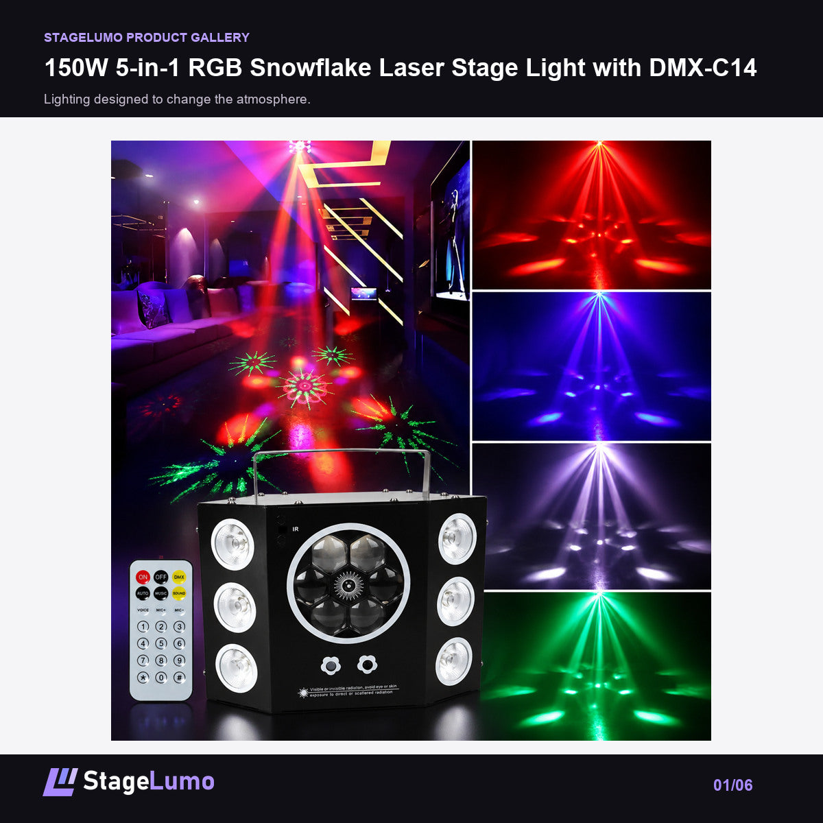 150W 5-in-1 RGB Snowflake Laser Stage Light with DMX-C14 - StageLumo image 1