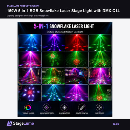 150W 5-in-1 RGB Snowflake Laser Stage Light with DMX-C14 - StageLumo image 2