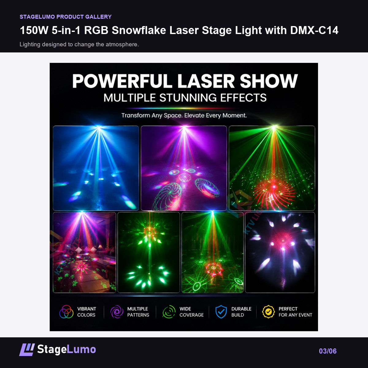 150W 5-in-1 RGB Snowflake Laser Stage Light with DMX-C14 - StageLumo image 3