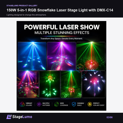 150W 5-in-1 RGB Snowflake Laser Stage Light with DMX-C14 - StageLumo image 3