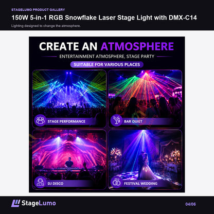 150W 5-in-1 RGB Snowflake Laser Stage Light with DMX-C14 - StageLumo image 4