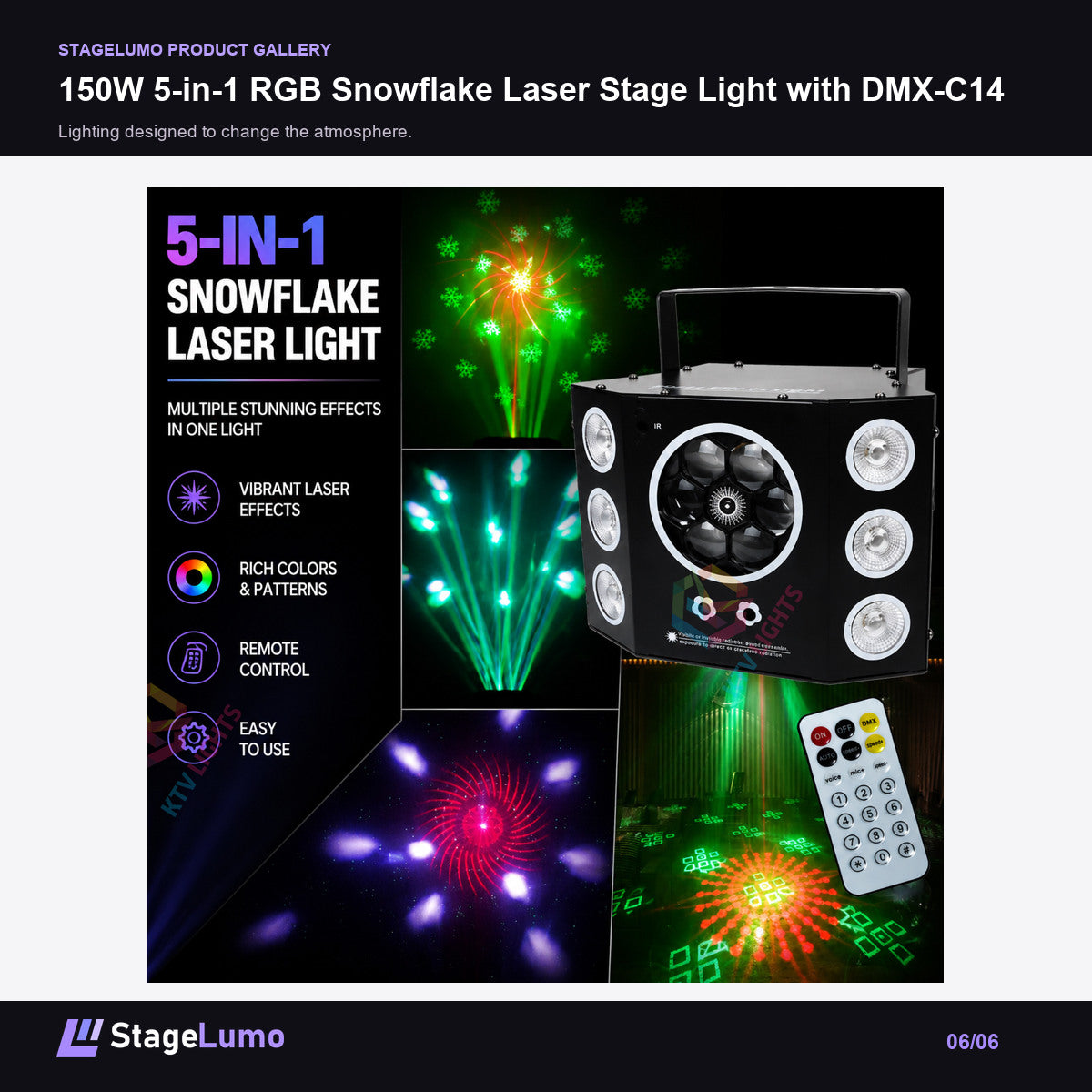 150W 5-in-1 RGB Snowflake Laser Stage Light with DMX-C14 - StageLumo image 6